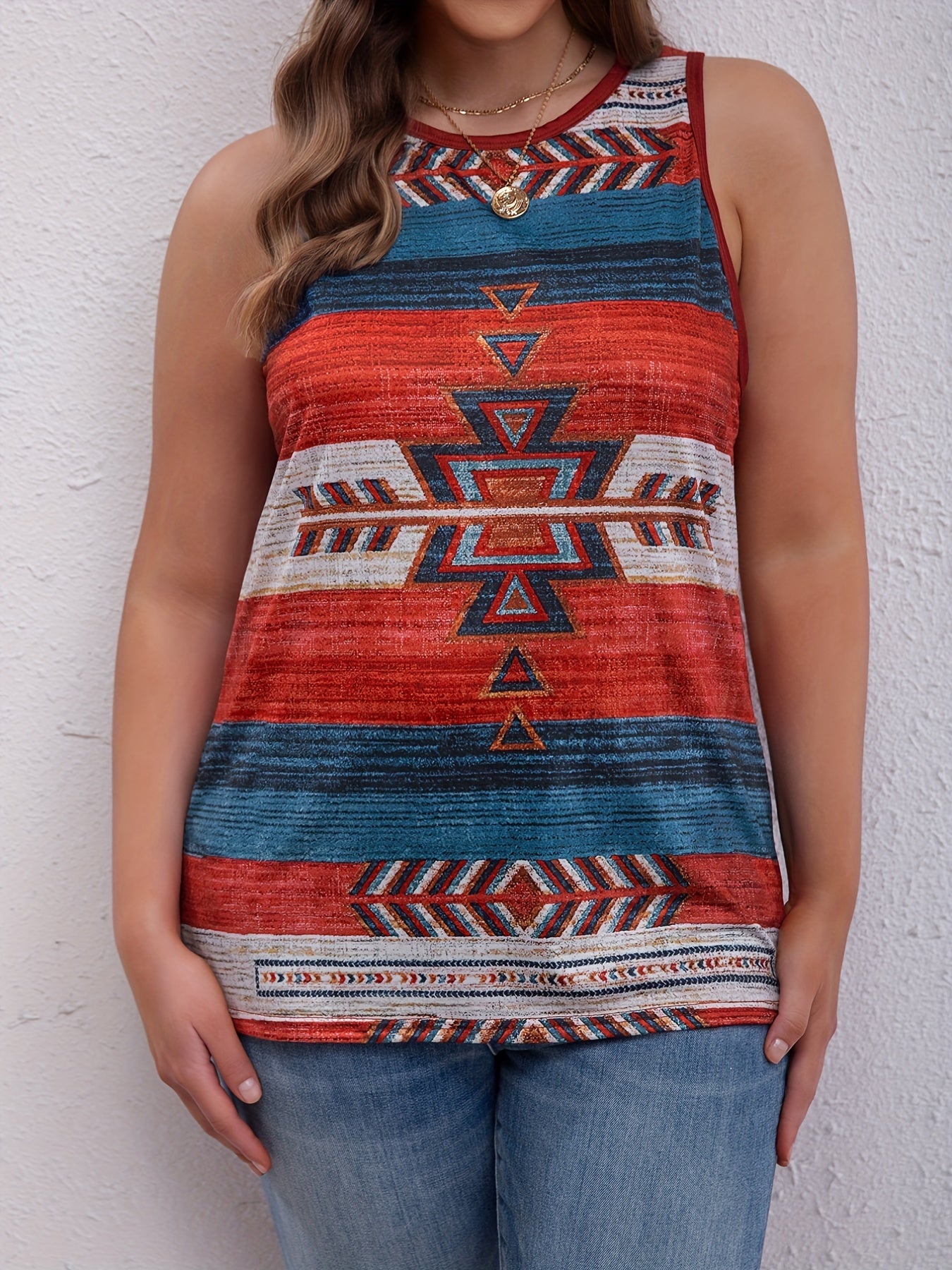 Geometric Print Boho Tank Top Round Neck Stretch Vest Top