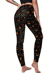 Halloween Sports Leggings Women's Plus Pumpkin & Spiderweb Print