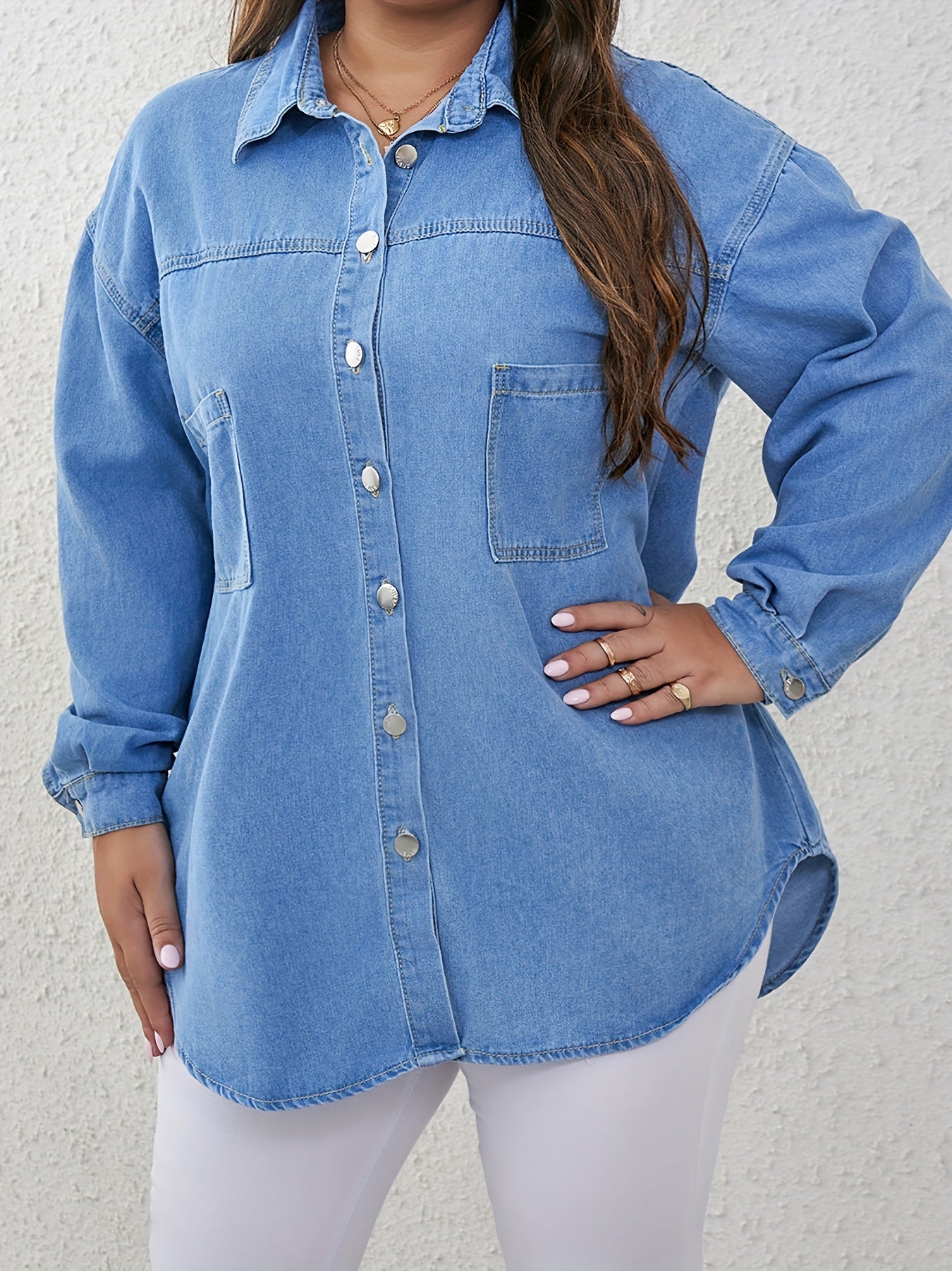 Casual Denim Blouse Women's Plus Solid Pipping Button Up Long Sleeve