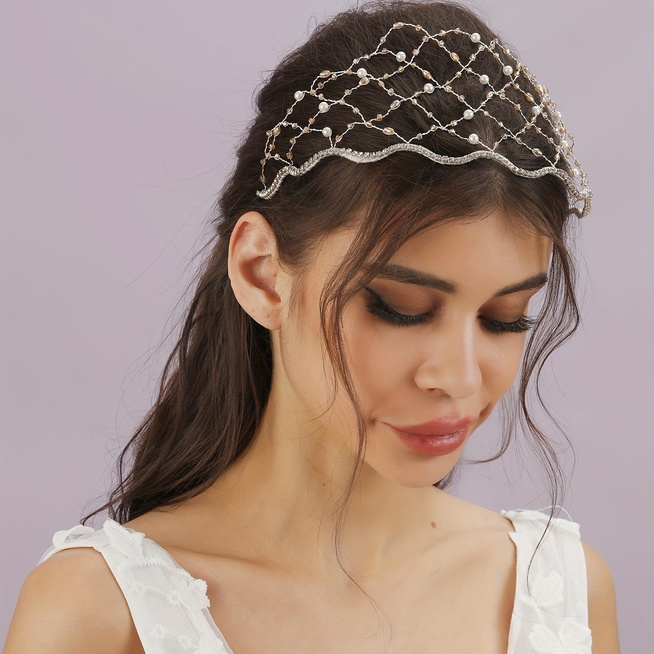 Bridal Headband Mesh Faux Pearl Crystal Headpiece Wedding Hair Accessories