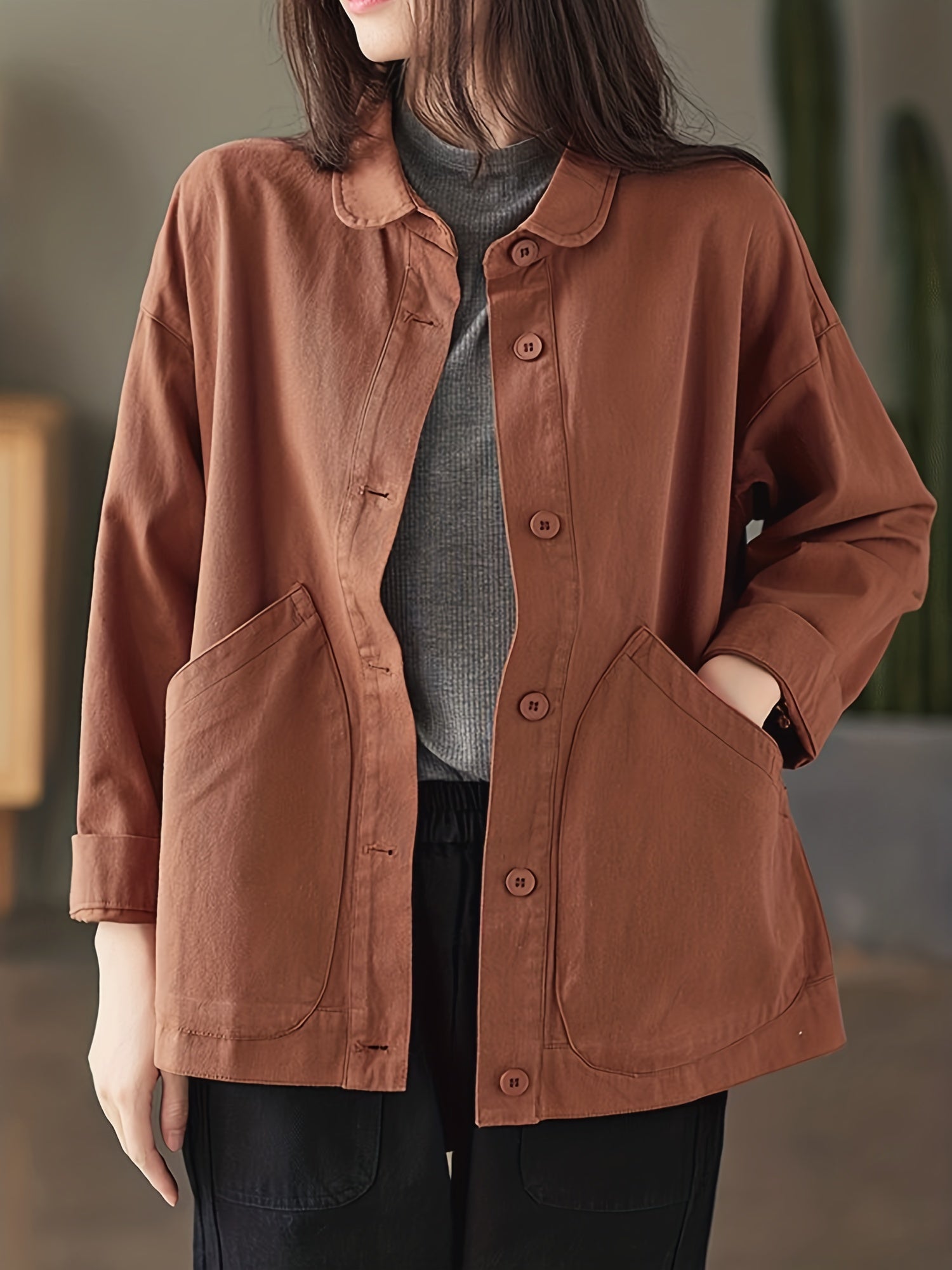 Button Front Collar Jacket Solid Outerwear Women's Clothing
