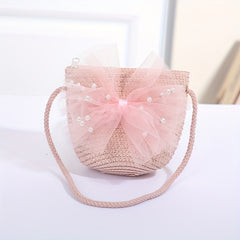 Bow Decor Zipper Coin Purse Key Bag Straw Woven Crossbody Bag