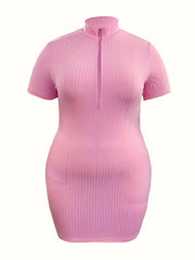 Plus Solid Ribbed Zipper Short Sleeve High Neck Bodycon Dress
