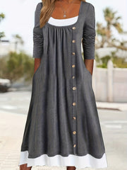 Colorblock Button Decor Long Sleeve Dress