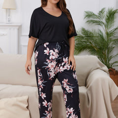 Floral Print Plus Size Pajamas Set Short Sleeve V Neck Tee & Pants