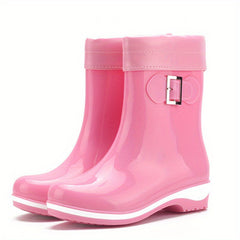 Women's Buckle Strap Short Rain Boots Waterproof Jelly Outdoor Shoes