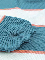 Stripe Print Button Up Lantern Sleeve V Neck Pullover Jumper