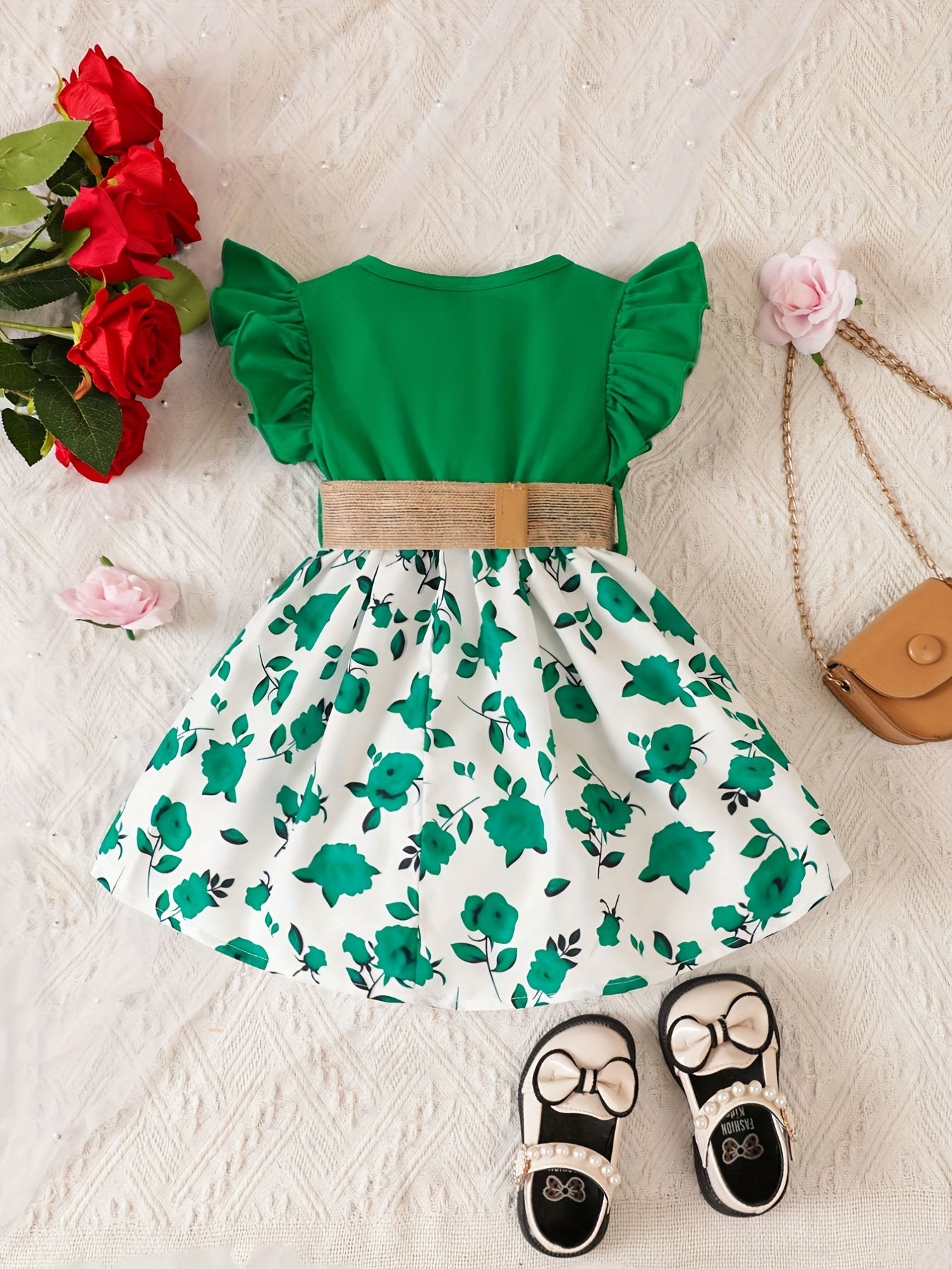 Girls Floral Print Belted Dress Flutter Sleeve Fancy Party Costume