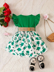 Girls Floral Print Belted Dress Flutter Sleeve Fancy Party Costume