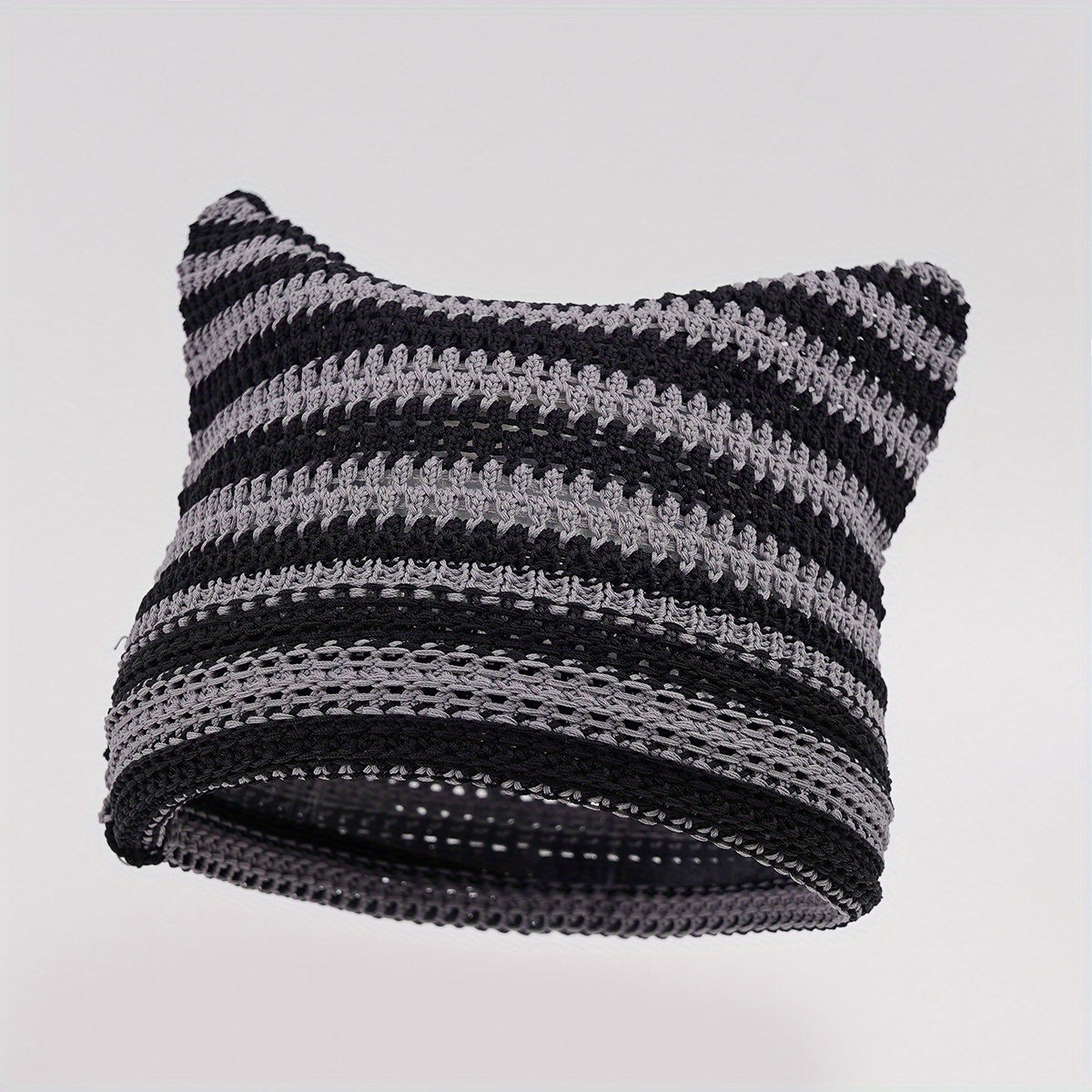 Striped Knitted Ice Silk Beanie Hat with Cat Ears