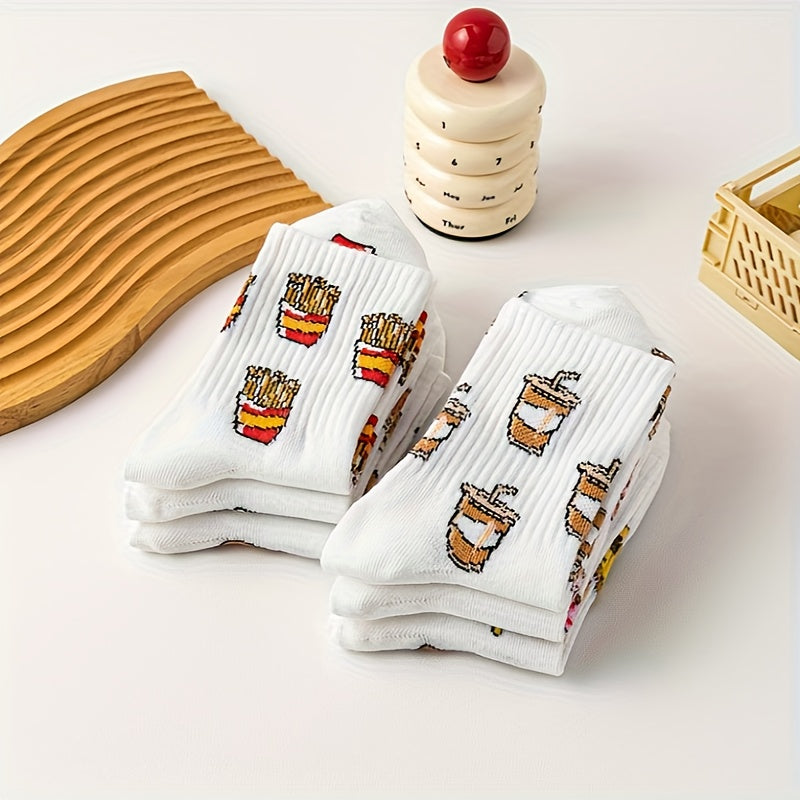 6 Pairs Cartoon Food Print Socks Funny Mid Tube Women's Stockings