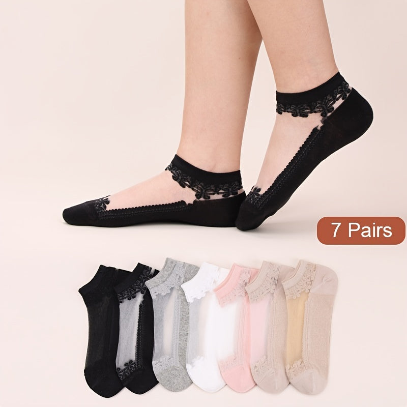 7 Pairs Lace Stitching Mesh Socks - Floral Embroidery Ankle Stockings
