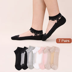 7 Pairs Lace Stitching Mesh Socks - Floral Embroidery Ankle Stockings