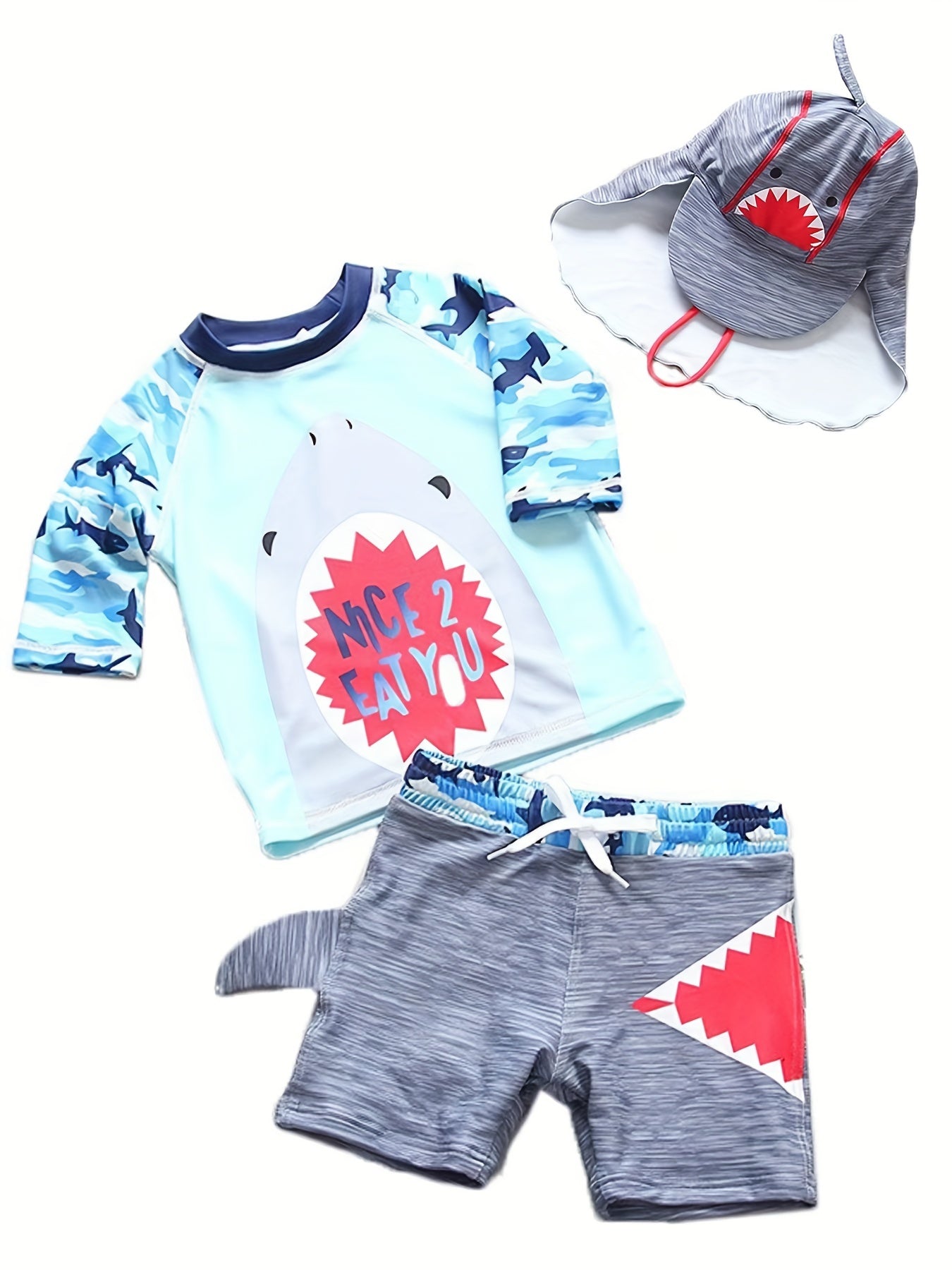 Boys Camo Swim Set Shark Graphic Top Shorts & Hat
