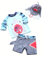 Boys Camo Swim Set Shark Graphic Top Shorts & Hat