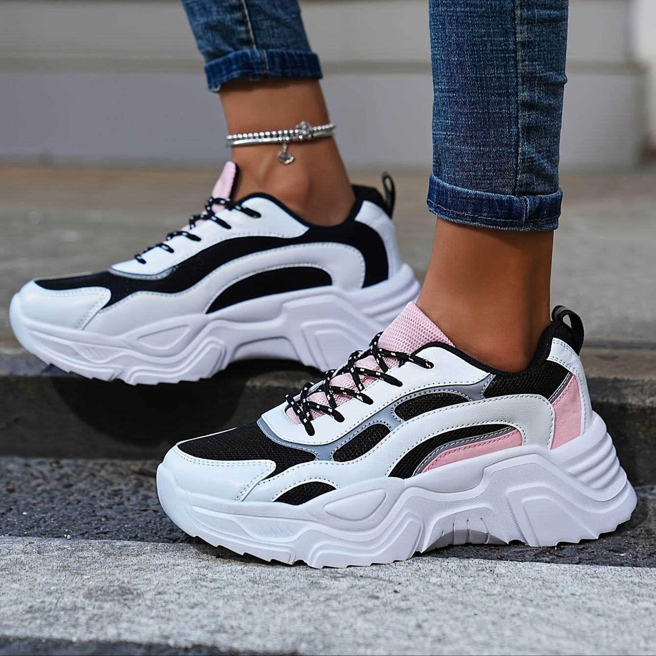 Women's Platform Chunky Sneakers Lace Up Running Shoes