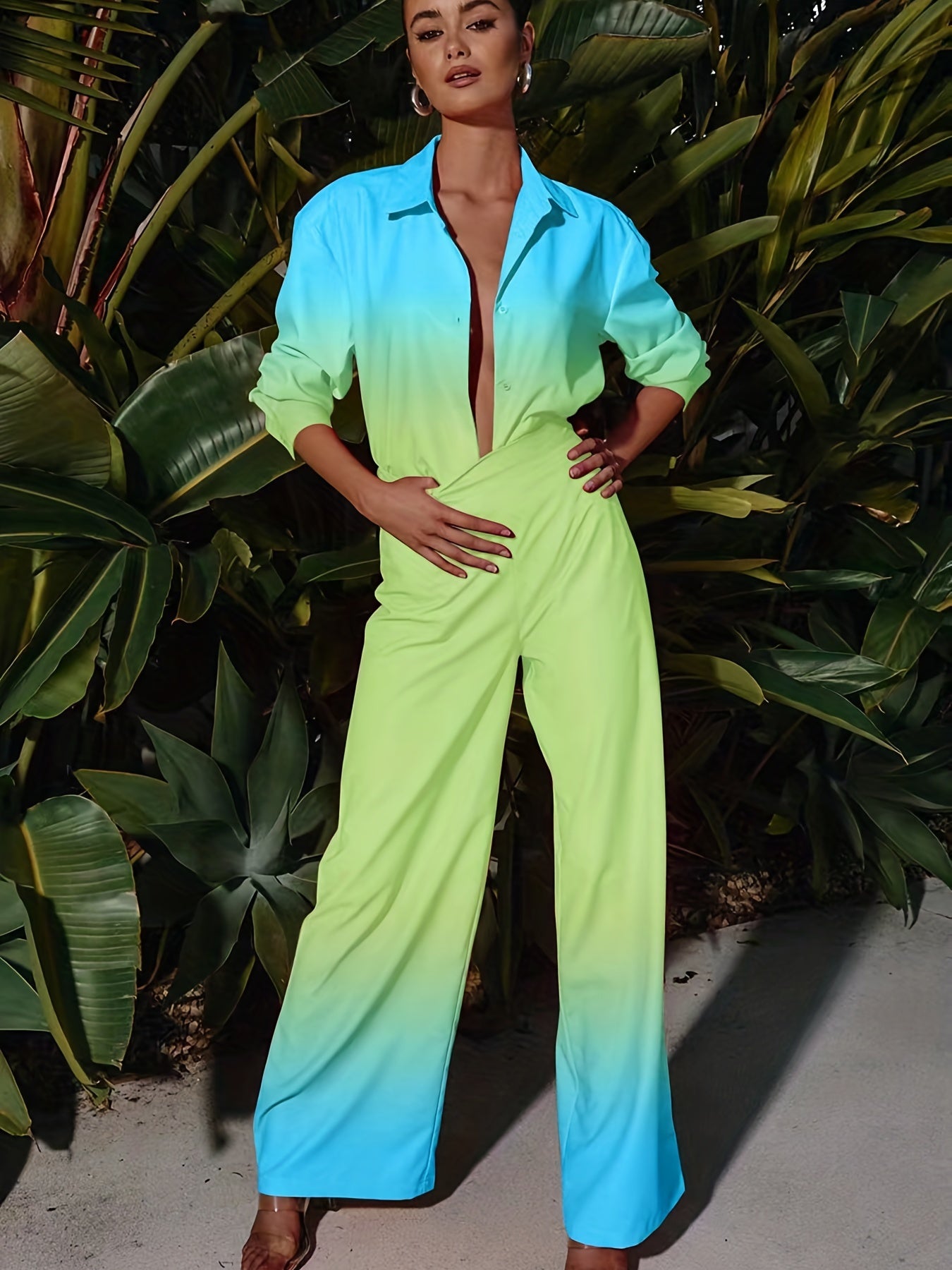 Gradient Two Piece Set Long Sleeve Polo Collar Shirt & Wide Leg Pants