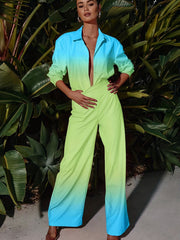 Gradient Two Piece Set Long Sleeve Polo Collar Shirt & Wide Leg Pants