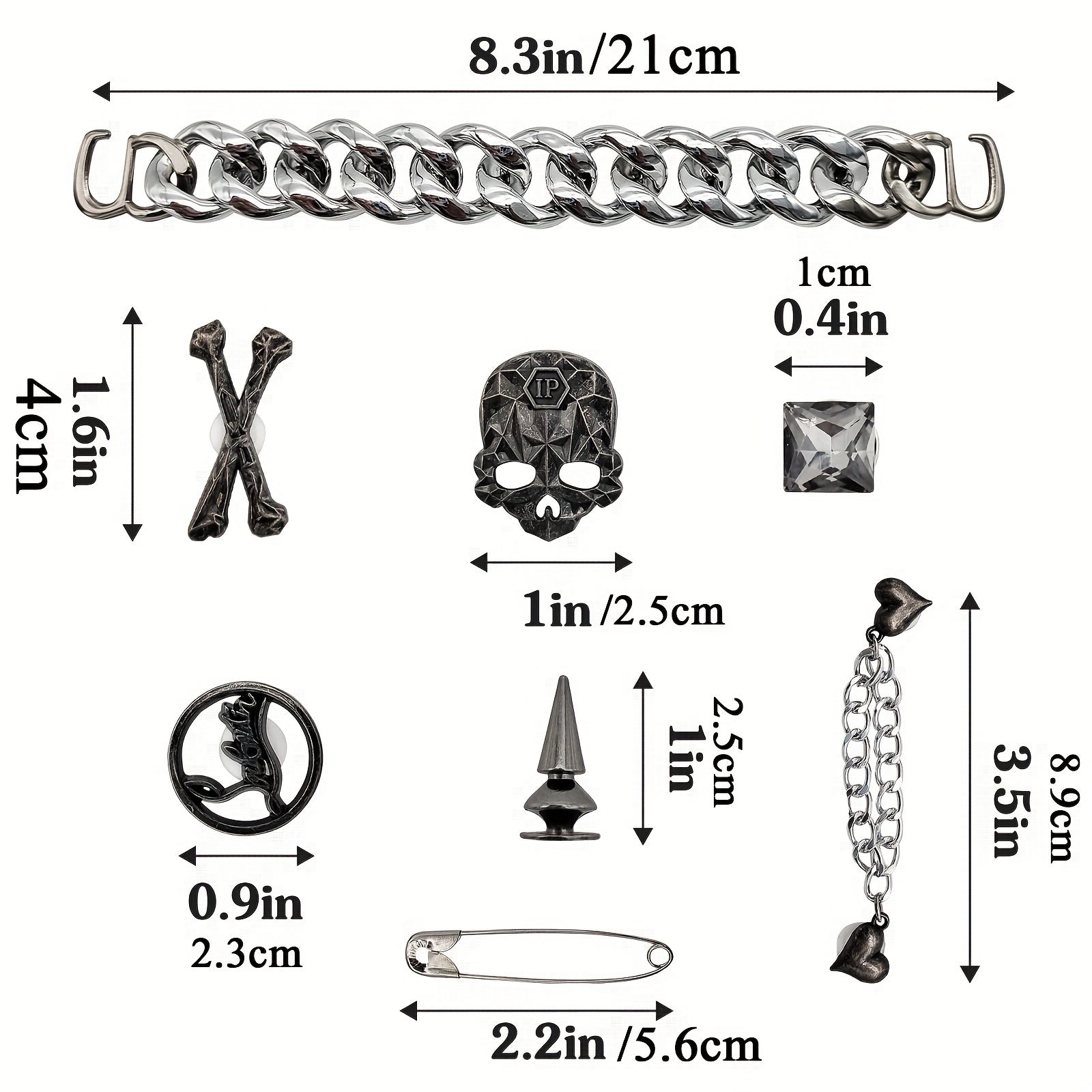 22pcs Punk Metal Rivets Shoe Charms with Chain - Pointed Toe Charms Accessories