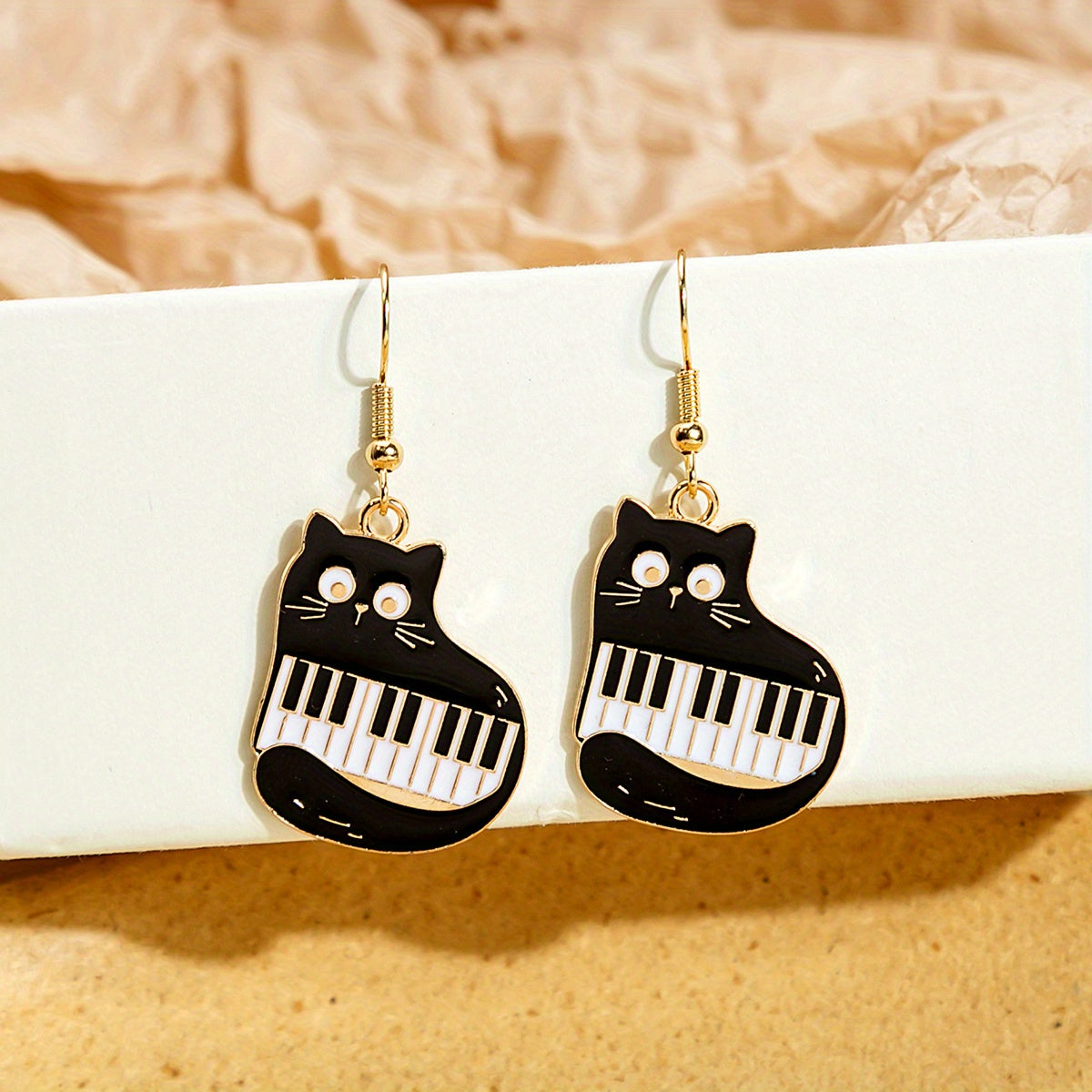 Cat Piano Enamel Dangle Earrings Silver Plated Jewelry Gift