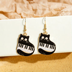 Cat Piano Enamel Dangle Earrings Silver Plated Jewelry Gift