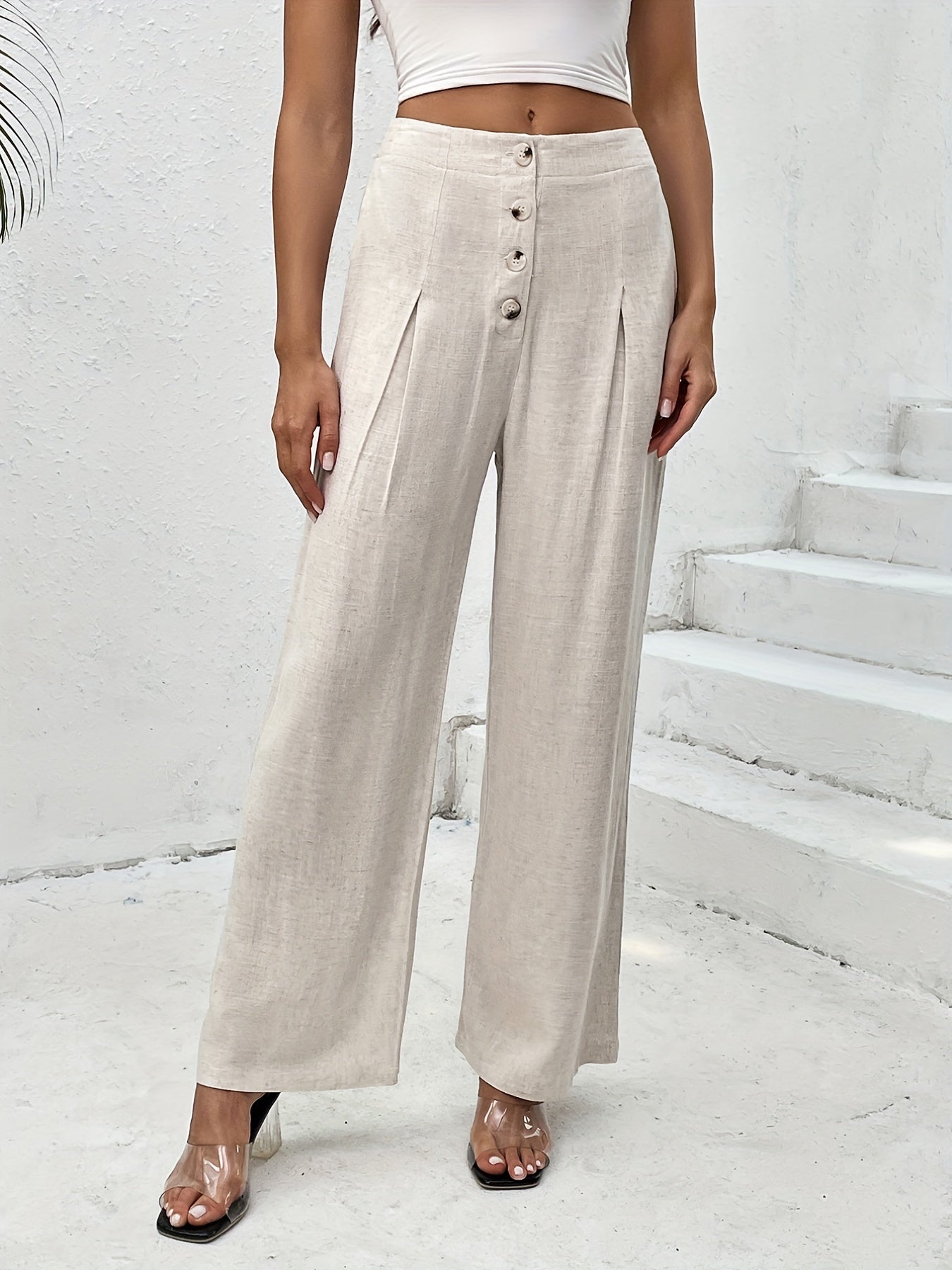 Solid Wide Leg Pants Casual Pocket Pleated Pants Women's Clothing