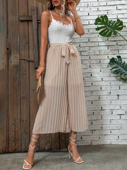 Eyelet Pleated Wide Leg Cami Jumpsuit Sleeveless Belted Jumpsuit