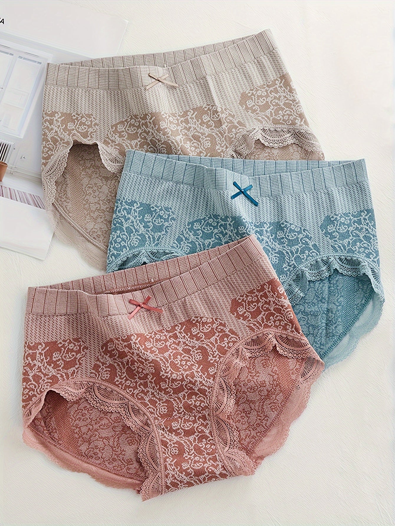 Floral Print Lace Trim Briefs Comfy Panties Women's Lingerie