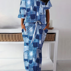 Patchwork Casual Set Off Shoulder Tee & Split Drawstring