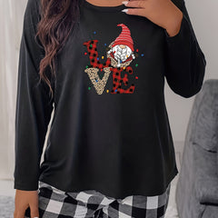 Christmas Gnome & Plaid Graphic Long Sleeve Crew Neck Tee