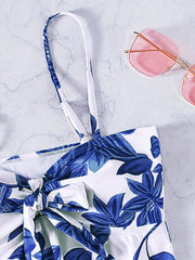 Floral Print Bow Tie Tankini Set Spaghetti Strap Ruffle Cami Top & Swim Briefs