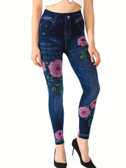 Denim & Floral Print Skinny Leggings Women's Clothing