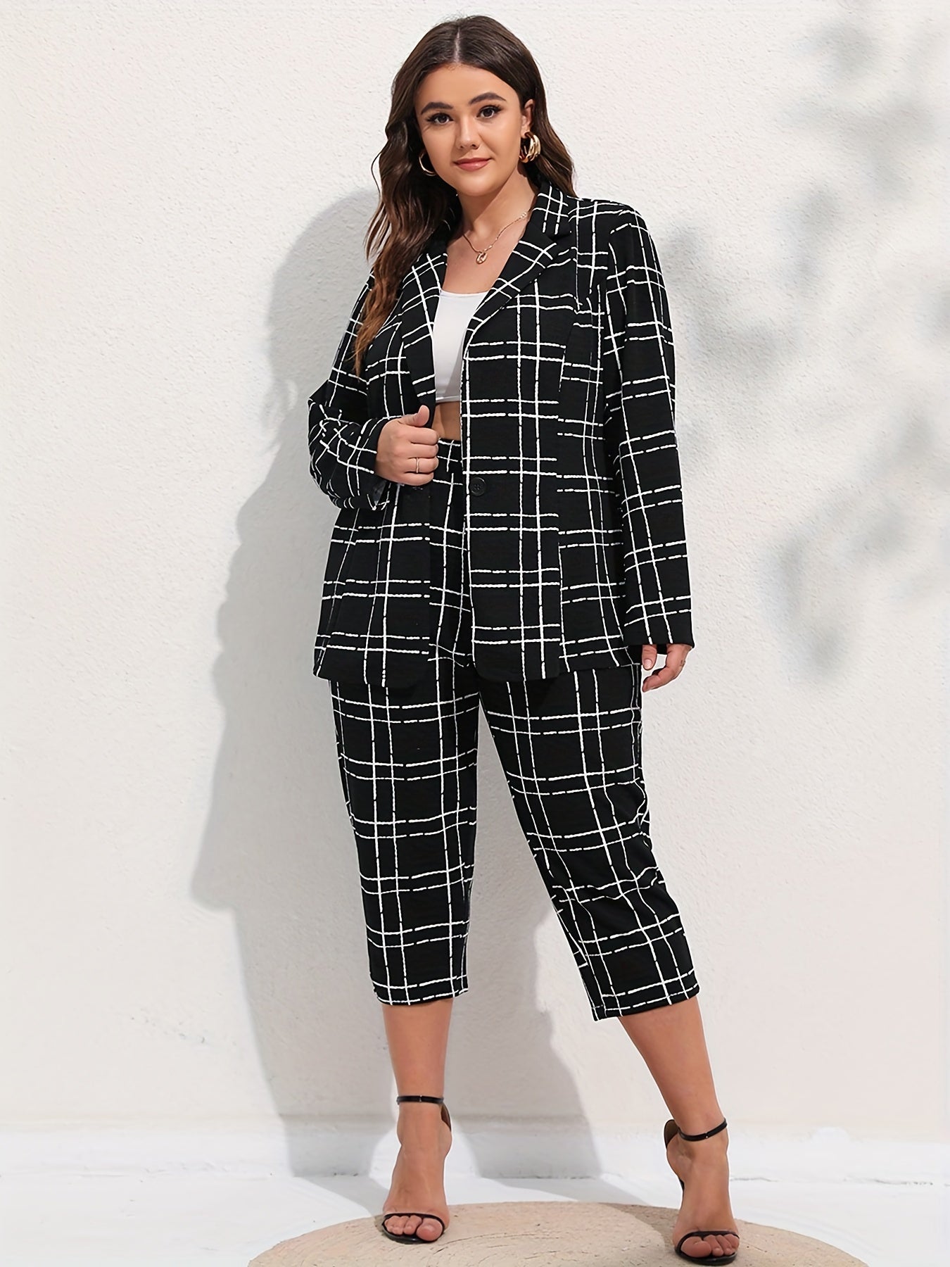 Grid Print Coat & Pants Suit Set