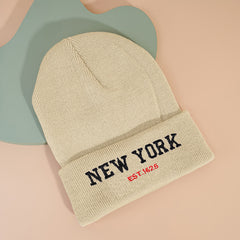 Solid Vintage Embroidered Knit Hat 'NEW YORK'