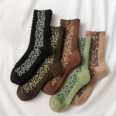 5 Pairs Floral Print Socks Comfy & Breathable Women's Mid Tube Stockings
