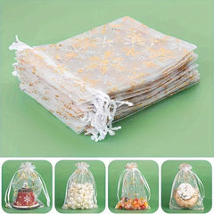 50pcs Christmas Gift Bags Snowflake Organza Mesh Jewelry Bags