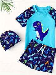 Boy's Dinosaur Swimsuit Set T-shirt, Cap, Trunks - Beach Vacation