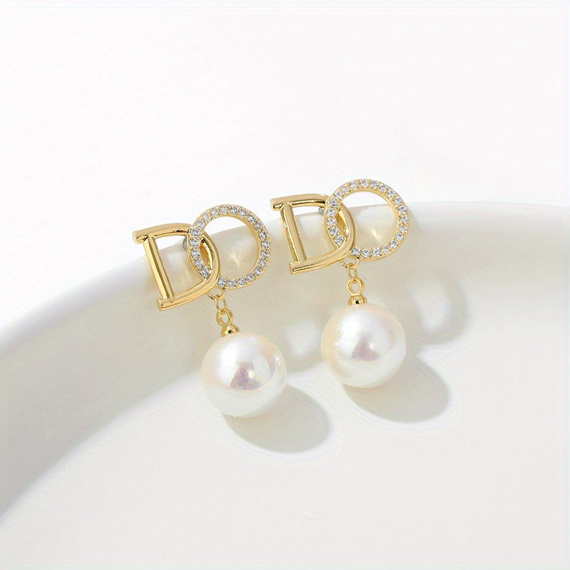 Golden Alloy Simulated Pearl Drop Earrings - Fashionable Gift for Women