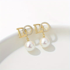Golden Alloy Simulated Pearl Drop Earrings - Fashionable Gift for Women