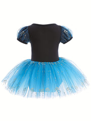 Girls Floral Tulle Tutu Mesh Puff Sleeve Ballet Dance Dress