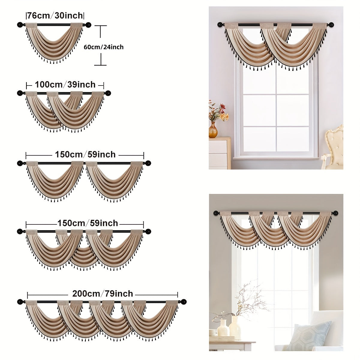 European Style Linen Valance with Fringe Beaded Edge - Rod Pocket Curtain