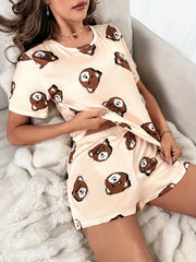 Bear Print Pajamas Set Short Sleeve Top & Shorts Women's Sleepwear
