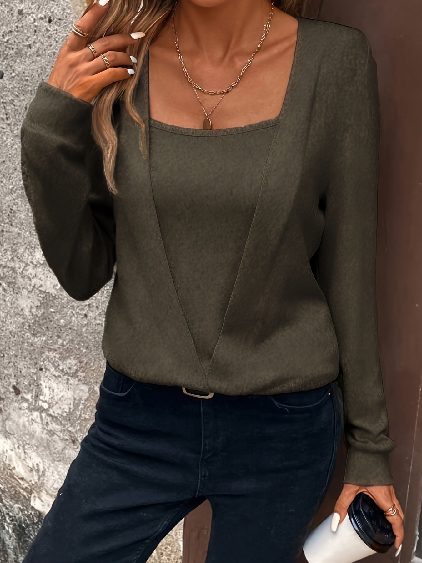 Solid Square Neck Long Sleeve Knit Top