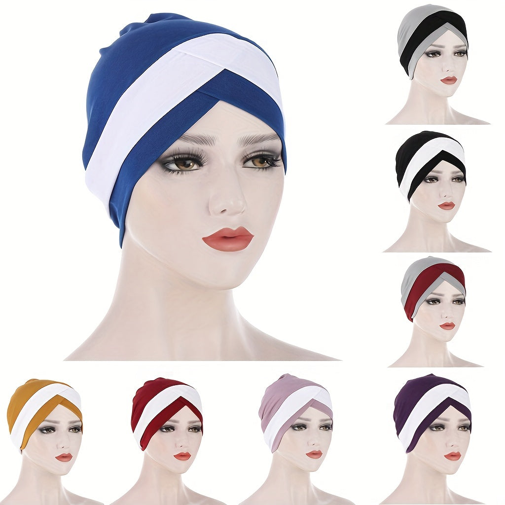 Block Cross Turban Casual Beanies Head Scarf Ramadan Head Wrap Lightweight