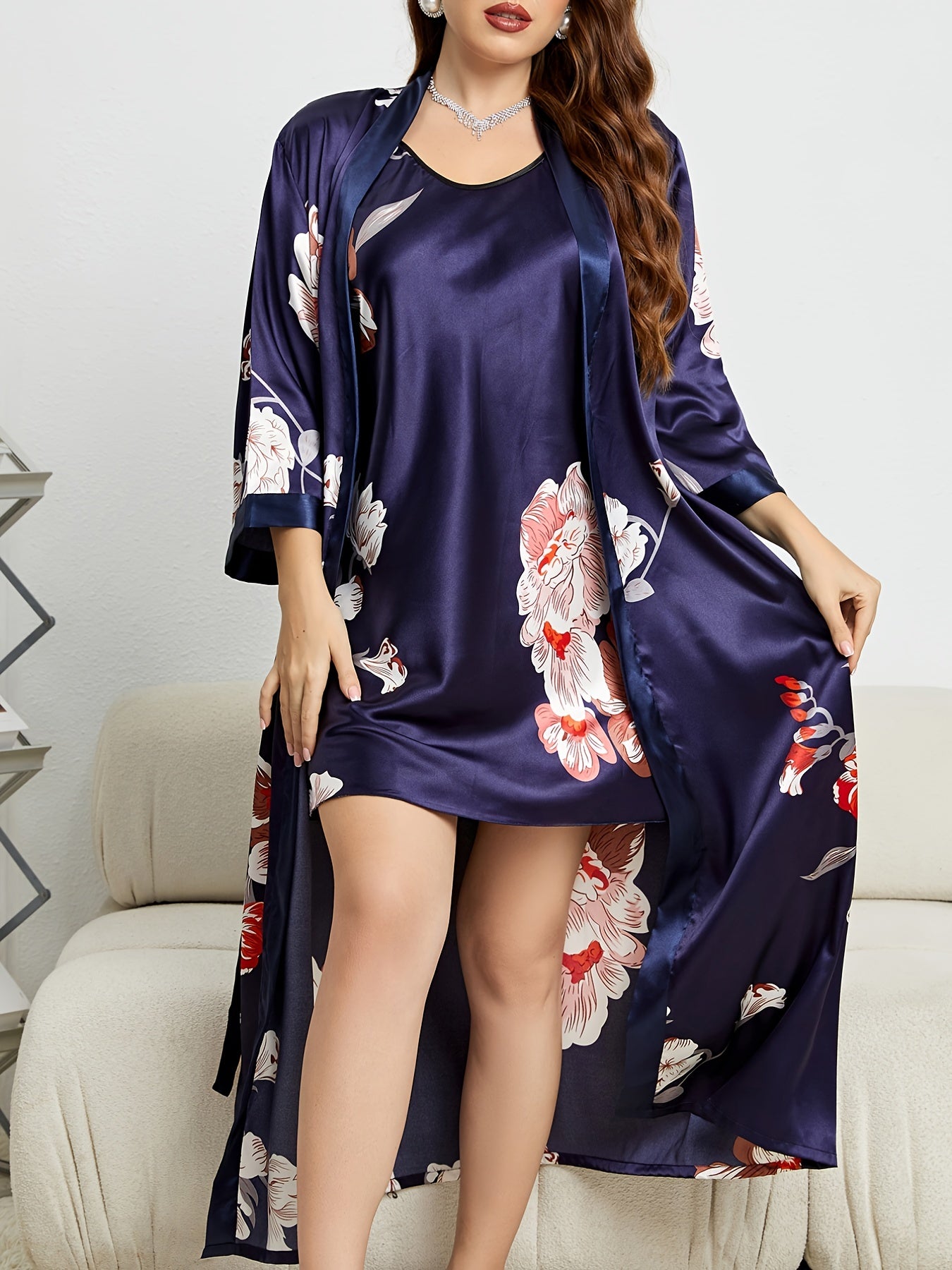 Floral Print Dress & Belted Robe Loungewear Set