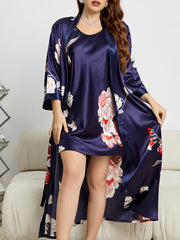 Floral Print Dress & Belted Robe Loungewear Set