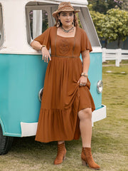 Boho Lace Maxi Smock Dress Short Sleeve Round Neck