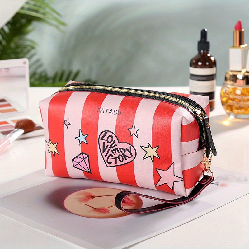 Heart & Striped Makeup Bag Lip Graphic Cosmetic Pouch Travel Toiletry Storage