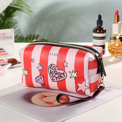 Heart & Striped Makeup Bag Lip Graphic Cosmetic Pouch Travel Toiletry Storage