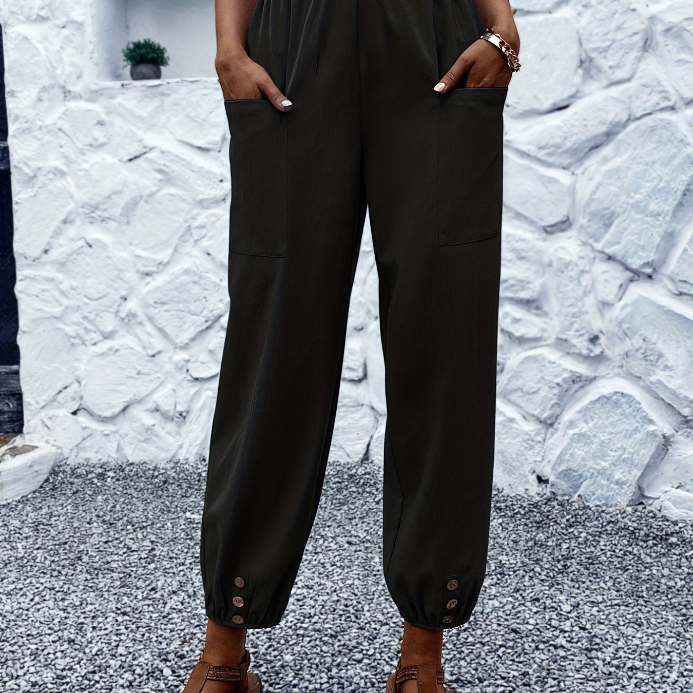 Button Decor Patched Pockets Pants Casual Loose Elastic Waist Comfy Solid Pants